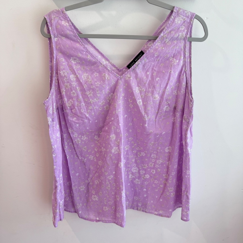 Lane Bryant Lavender Floral Linen Blend V-Neck Sleeveless Tank Top Size 14
